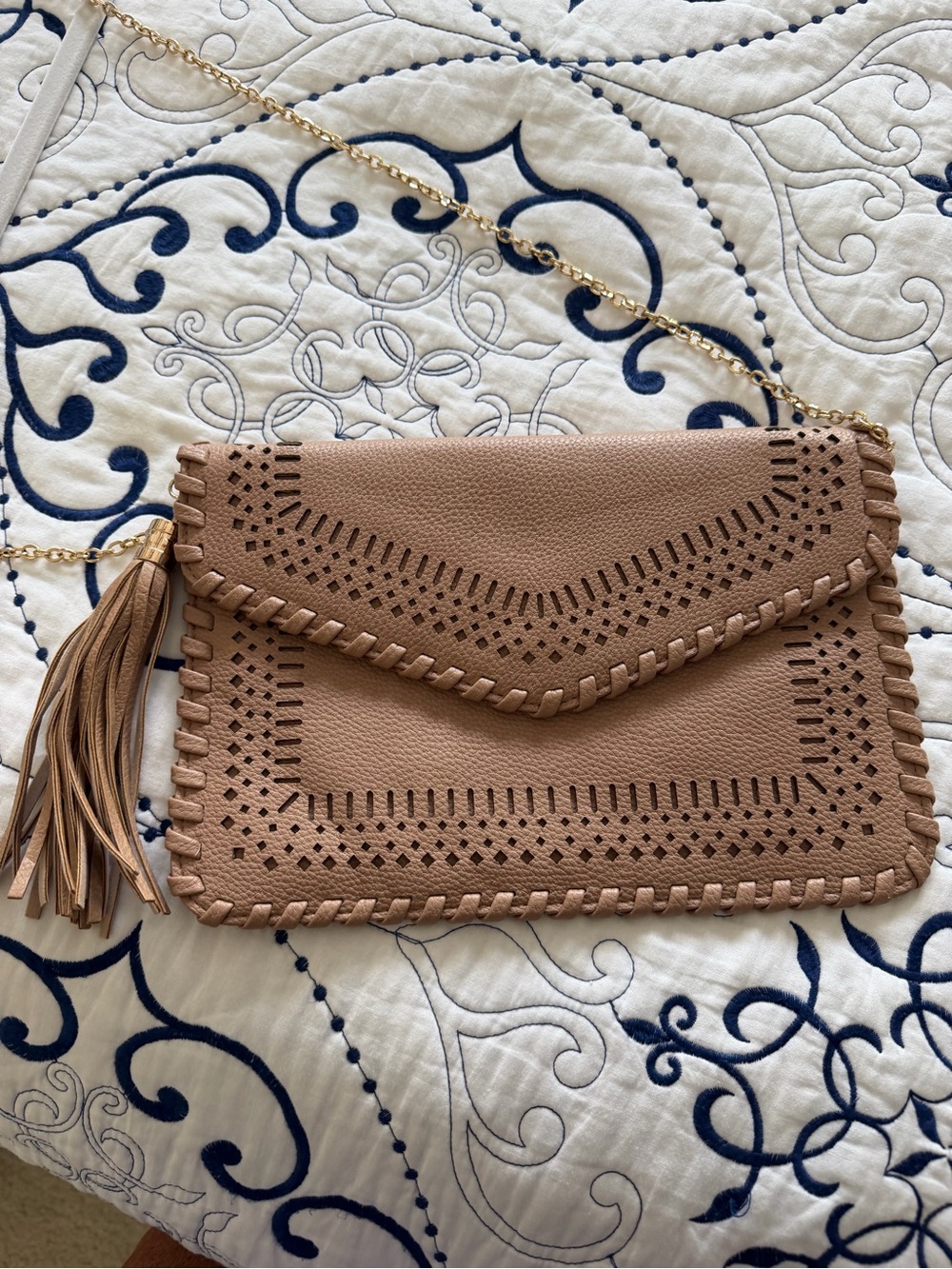 Women's Tan Laser-Cut Tassel Crossbody Clutch